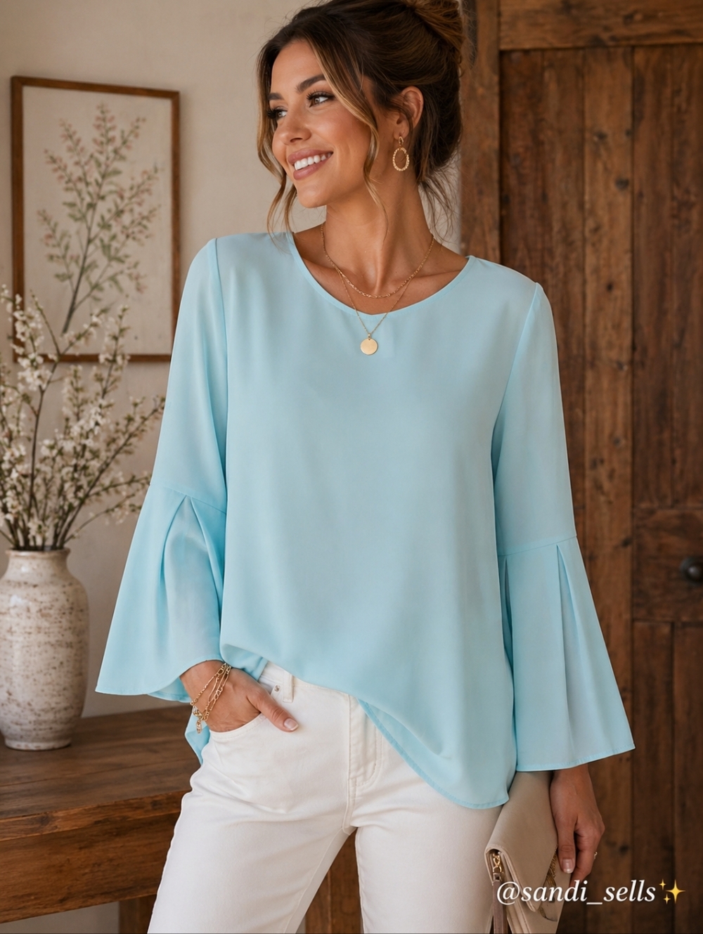 She + Sky Light Blue Bell Sleeve Blouse